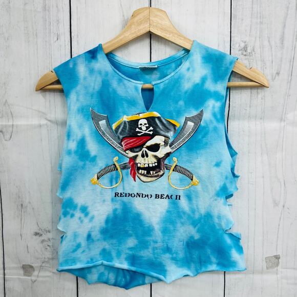 VINTAGE 90s Pro West SMALL Redondo Beach Pirate Skull Blue Tie Dye Crop Top - Picture 3 of 8